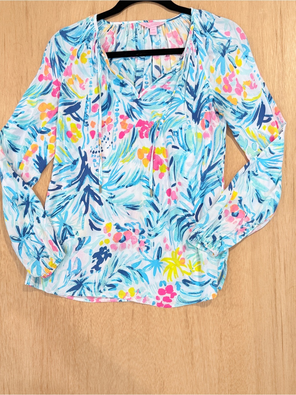 Lilly Pulitzer Willa Tie Neck Blouse Serene Blue Semi Sheer Small Preppy Resort